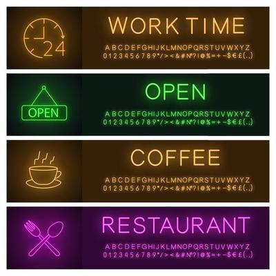 Cafe and restaurant neon light banner templates set. Working hours, coffee, eatery sign, open hanging signboard. Website glowing menu items. Vector isolated illustrations