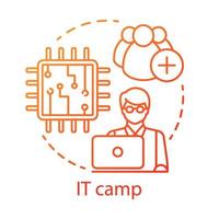 Information technology camp concept icon. Employment, recognition for young professionals idea thin line illustration. Presenting new inventions. Vector isolated outline drawing. Editable stroke