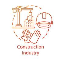 Construction industry concept icon. Building sector. Crane, house, hard hat, work gloves. Real estate engineering idea thin line illustration. Vector isolated outline drawing. Editable stroke