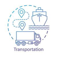 Transportation concept icon. Shipping by sea and by land. Route, ship, truck. Logistics and distribution. Cargo delivery idea thin line illustration. Vector isolated outline drawing. Editable stroke