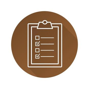Clipboard checklist flat linear long shadow icon. To do list. Vector outline symbol