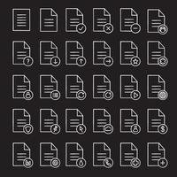 Documents chalk icons set. Statistics, medical insurance and test, contract, approved document. Send, pin, upload, download file. Isolated vector chalkboard illustrations
