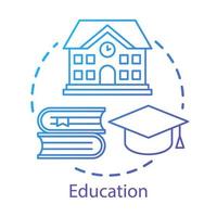 Education concept icon. Knowledge transfer. Teaching, learning skills. School building, books, graduation cap idea thin line illustration. Vector isolated outline drawing. Editable stroke