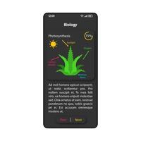 plantilla de vector de interfaz de teléfono inteligente de ciencia de biología. diseño de la página de la aplicación móvil en negro. pantalla de descripción de la fotosíntesis. interfaz de usuario plana para la aplicación. pantalla de teléfono de autoaprendizaje de asignaturas escolares