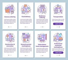 On demand economy onboarding mobile app page screen with linear concepts set. Commercial services industry walkthrough steps graphic instructions. UX, UI, GUI vector template with illustrations