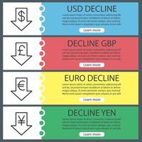 conjunto de plantillas de banner web de caída de tasa de monedas. declinar dólar estadounidense, euro, gbp, yen. elementos del menú de color del sitio web con iconos lineales. conceptos de diseño de encabezados vectoriales vector