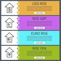 Currencies rate rise web banner templates set. US dollar, euro, gbp, yen with up arrows. Website color menu items with linear icons. Vector headers design concepts