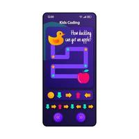 plantilla de vector de interfaz de teléfono inteligente de juego de niños. diseño violeta de la página de la aplicación móvil. pantalla de ruta de laberinto. interfaz de usuario plana para la aplicación. desarrollo de la pantalla del teléfono del pensamiento lógico de los niños