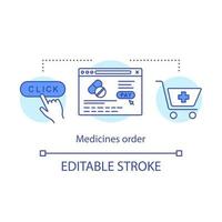 Medicines order concept icon. Online pharmacy idea thin line illustration. Medical supplies retail business. Button, browser window and shopping cart vector isolated outline drawing. Editable stroke