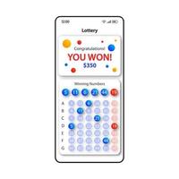 Lottery smartphone interface vector template. Mobile app page white design layout. Victory congratulations screen. Flat UI for application. Winning numbers combination phone display