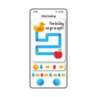 Kids game smartphone interface vector template. Mobile app page white design layout. Finding labyrinth way screen. Flat UI for application. Children early development fun phone display