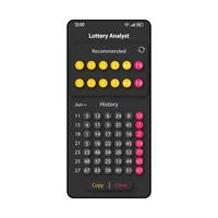 Lottery analytics smartphone interface vector template. Mobile app page black design layout. Recommended numbers screen. Flat UI for application. Victory prediction assistant phone display