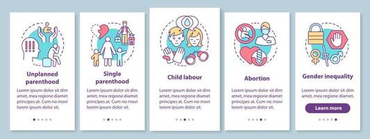 Social issues onboarding mobile app page screen with linear concepts. Single parenthood, child labour, abortion, gender inequality walkthrough graphic instructions. UX, UI, GUI template with icons vector