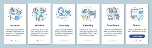 tipos de trabajos incorporando la pantalla de la página de la aplicación móvil con conceptos lineales. instrucciones gráficas de los pasos de la pasantía a tiempo parcial, a tiempo completo, temporal, paso a paso. ux, ui, plantilla de vector de interfaz gráfica de usuario con iconos