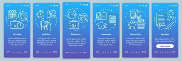 Jobs types blue onboarding mobile app page screen vector template. Part, full-time, temporary, internship. Walkthrough website steps with linear illustrations. UX, UI, GUI smartphone interface concept