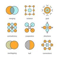 Conjunto de iconos de colores de símbolos abstractos. fusión, aislamiento, meta, contradictorio, cooperativo, direcciones, superposición, mitad, conceptos de conexiones. ilustraciones vectoriales aisladas vector