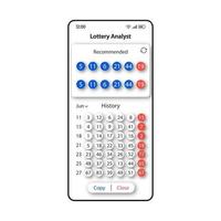 Lottery analyst smartphone interface vector template. Mobile app page white design layout. Recommended winning numbers screen. Flat UI for application. Lottery bets history phone display