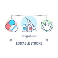 Drug abuse concept icon. Narcotic, opioid addiction idea thin line illustration. Marijuana, painkillers, heroin addiction. Substance abuse problem. Vector isolated outline drawing. Editable stroke