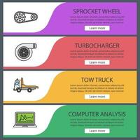 Auto workshop web banner templates set. Sprocket wheel, turbocharger, tow truck, computer analysis. Website color menu items. Vector headers design concepts