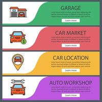 Auto workshop web banner templates set. Garage, car market, automobile location, repair service. Website color menu items. Vector headers design concepts