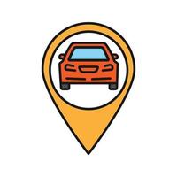 Map pinpoint with car inside color icon. Auto workshop, petrol station, parking zone location. Isolated vector illustration