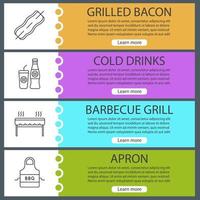 Barbecue web banner templates set. BBQ. Bacon on skewer, cold drinks, grill, apron. Website color menu items with linear icons. Vector headers design concepts