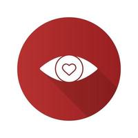 Human eye with heart inside flat design long shadow glyph icon. Fallen in love. Vector silhouette illustration