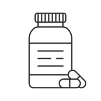 Pills bottle linear icon. Medications. Thin line illustration. Contour symbol. Vector isolated outline drawing