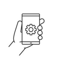 Hand holding smartphone linear icon. Thin line illustration. Smart phone settings contour symbol. Vector isolated outline drawing