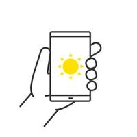 Hand holding smartphone linear icon. Thin line illustration. Smart phone solar charging contour symbol. Vector isolated outline drawing