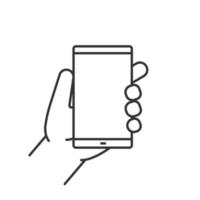 Hand holding smartphone linear icon. Thin line illustration. Contour symbol. Vector isolated outline drawing