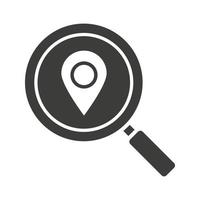 Location search glyph icon. Silhouette symbol. Magnifying glass with map pinpoint. Negative space. Vector isolated illustration