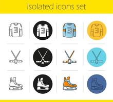 Ice hockey equipment icons set. Linear, black and color styles. Hockey player's shirt and skate, sticks with puck. Isolated vector illustrations