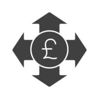 Money spending glyph icon. Expanses silhouette symbol. Great Britain pound with all direction arrows. Negative space. Vector isolated illustration