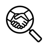 Business partner search linear icon. Thin line illustration. Magnifying glass with handshake contour symbol. Vector isolated outline drawing