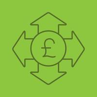 Money spending color linear icon. Great Britain pound with all direction arrows. Expanses. Thin line contour symbols on color background. Vector illustration