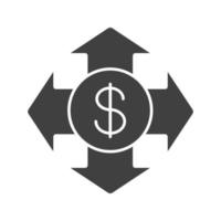 Money spending glyph icon. Expanses silhouette symbol. USA dollar with all direction arrows. Negative space. Vector isolated illustration