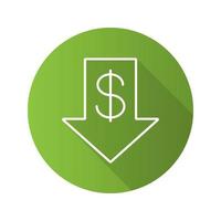 Dollar rate falling flat linear long shadow icon. US dollar with down arrow. Vector outline symbol