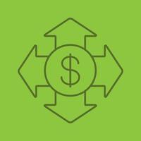 Money spending color linear icon. Expanses. USA dollar with all direction arrows. Thin line outline symbols on color background. Vector illustration