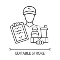 Food delivery linear icon. Express courier service. Deliveryman holding takeaway fast food and invoice. Restaurant, cafe free order delivering. Contour symbol. Vector isolated drawing. Editable stroke