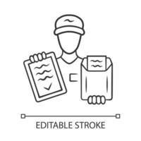 Document delivery linear icon. Express courier service. Postman, deliveryman holding clipboard with invoice. Parcel, small package delivering. Contour symbol. Vector isolated drawing. Editable stroke