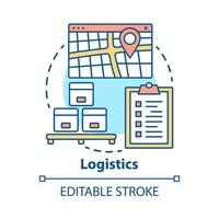 Logistics distribution concept icon. Warehouse, storehouse, goods storage idea thin line illustration. Shipment, cargo and parcels delivery service. Vector isolated outline drawing. Editable stroke