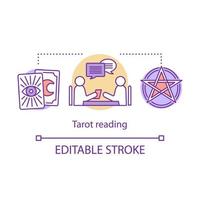 Tarot reading concept icon. Fortune telling, divination and cartomancy idea thin line illustration. Oracle with client, pentagram and clairvoyant cards vector isolated outline drawing. Editable stroke