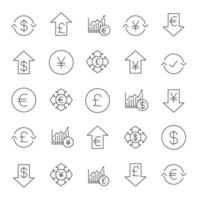 Economics linear icons set. Banking and finance. National currencies falling and rising. Money spending and conversion. Market growth charts. Thin line contour symbols. Isolated vector illustrations