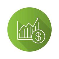 icono de sombra larga lineal plana de gráfico de crecimiento de mercado. diagrama de estadísticas con signo de dólar. símbolo de contorno vectorial vector