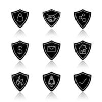 Protection shields drop shadow black glyph icons set. Safe bargain, firefighters badge, money, real estate, email, connection security. Isolated vector illustrations