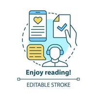 Enjoy reading concept icon. Passionate readers idea thin line illustration. Audio books, texts listening, ebooks reading application. Vector isolated outline drawing. Editable stroke