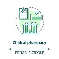 Clinical pharmacy concept icon. Medical laboratory tests and diagnostics idea thin line illustration. Prescribed medication hospital therapy. Vector isolated outline drawing. Editable stroke