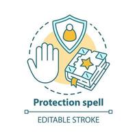 Protection spell concept icon. Occultism and superstition idea thin line illustration. Safety sorcery, security charm. Spellbook, shield and hand vector isolated outline drawing. Editable stroke