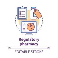 Pharmacy concept icon. Regulatory pharmacology idea thin line illustration. Medicine effectiveness and safety tests. Newly developed drug research. Vector isolated outline drawing. Editable stroke